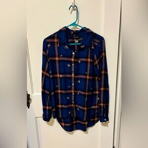 Karen Kane Navy and Orange Plaid Shirt with Embroidered Flowers